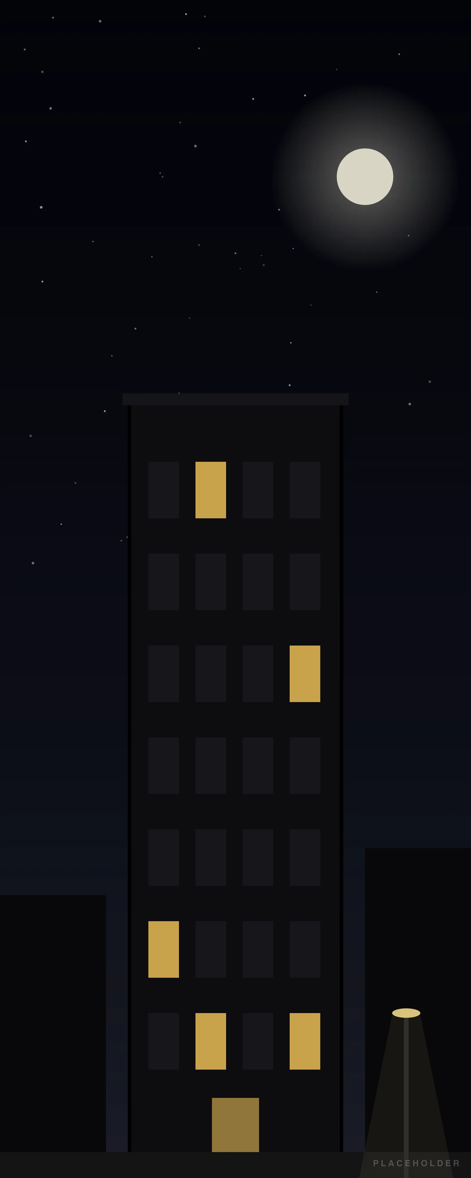 An apartment block at night under a full moon. Every window on the fourth floor is dark, except for a pale face in one of them.