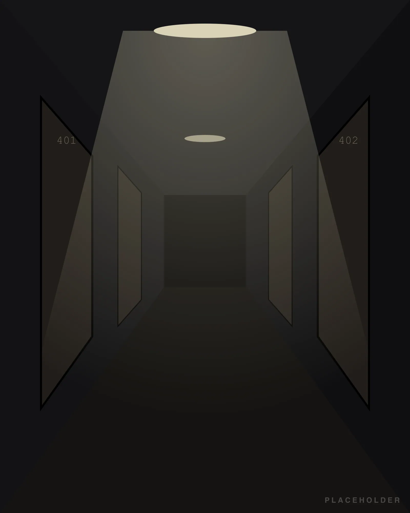 The elevator doors slide open onto a dim hallway. Someone is standing at the far end.